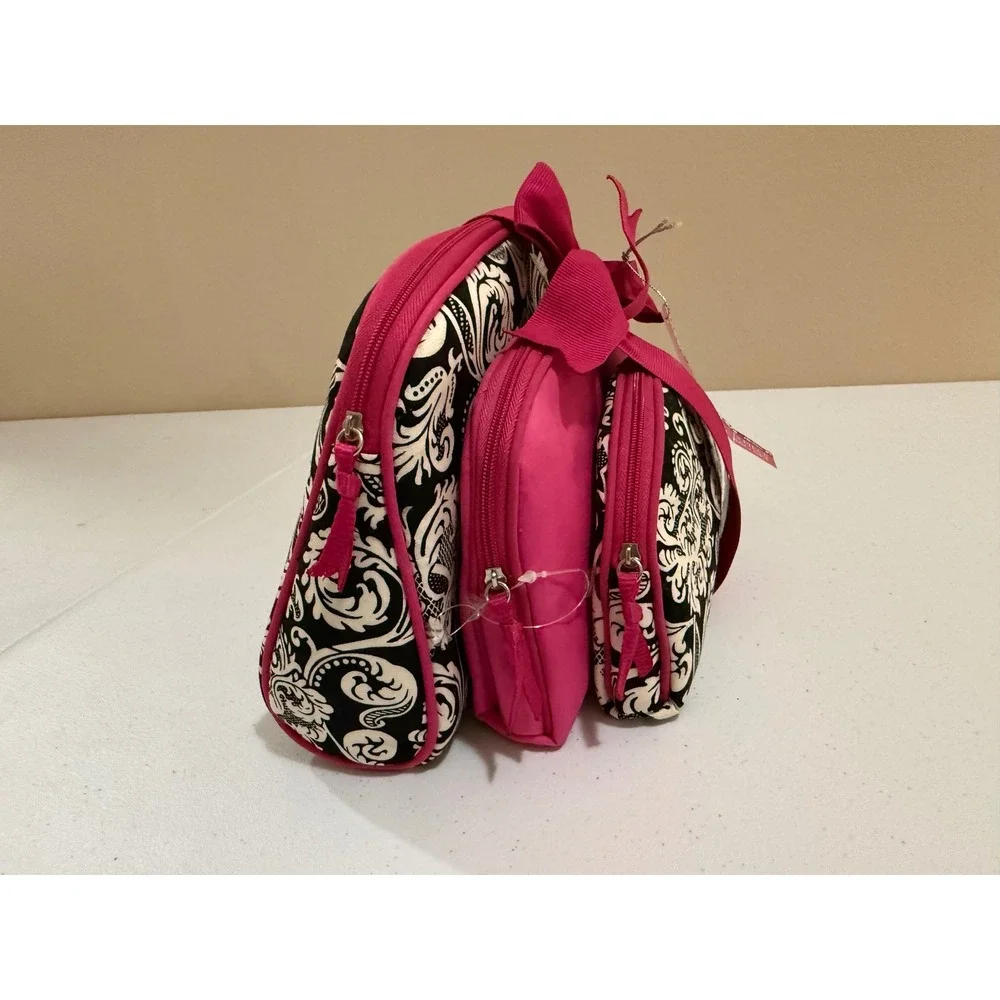 3 Piece Cosmetic Bag Set Hot Pink Black White Damask Travel Makeup Pouches NEW